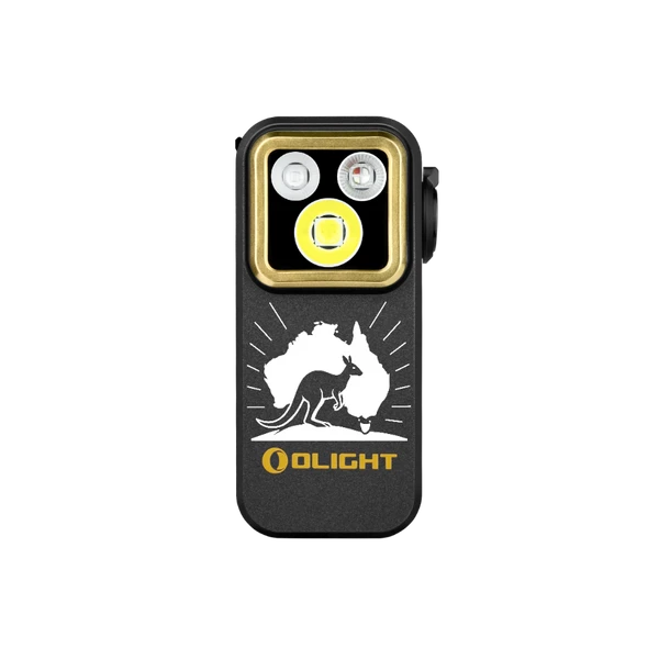 Olight Black Oclip Pro Clip-on Light Front View with Kangaroo Australia Graphic and Triple LED for Everyday Carry