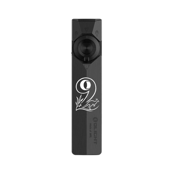 Olight Black ArkPro Flat Flashlight Front View with Kangaroo Emblem and Laser UV Selector Switch for Everyday Carry