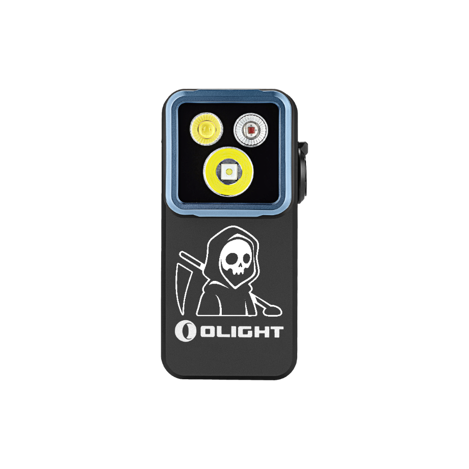 Olight Black Oclip 2 Pro Clip-on Light Front View with Grim Reaper Engraving and Triple LED Lenses for EDC and Hiking