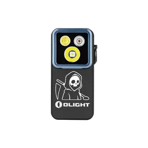 Olight Black Oclip 2 Pro Clip-on Light Front View with Grim Reaper Engraving and Triple LED Lenses for EDC and Hiking