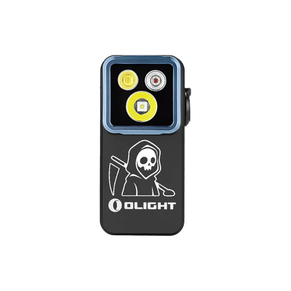Olight Black Oclip 2 Pro Clip-on Light Front View with Grim Reaper Engraving and Triple LED Lenses for EDC and Hiking