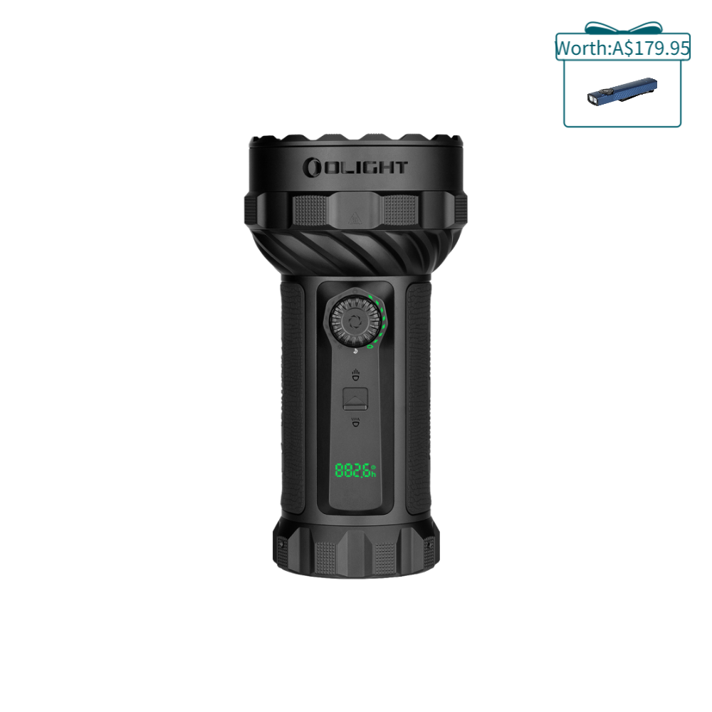 Olight Black Marauder 3 Powerful Flashlight Front View with LED Display and Rotary Knob for Search and Rescue Operations
