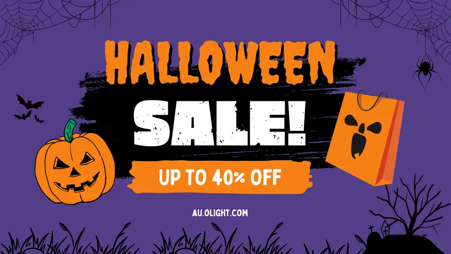 Halloween Sale banner: Jack-o'-lantern, spooky shopping bag, bats, spiderwebs. Up to 40% off Olight.