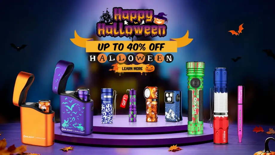Olight Halloween sale featuring special edition flashlights and wireless chargers, up to 40% off.