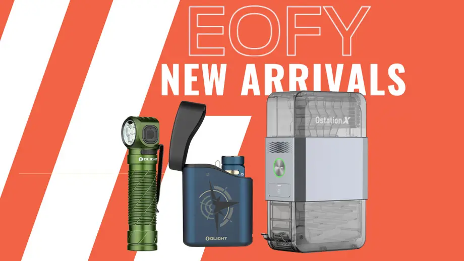 EOFY new arrivals featuring Olight flashlight, lighter, and charging station against an orange background.