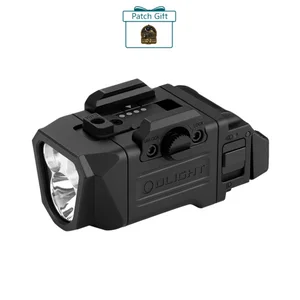 OLIGHT PL-3R rechargeable tactical flashlight with battery indicator and adjustable sliding rail, isolated on white background.