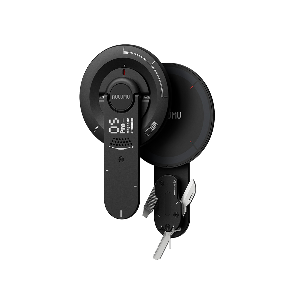 Aulumu black magnetic phone stand with integrated multi-tool pocket knife on white background