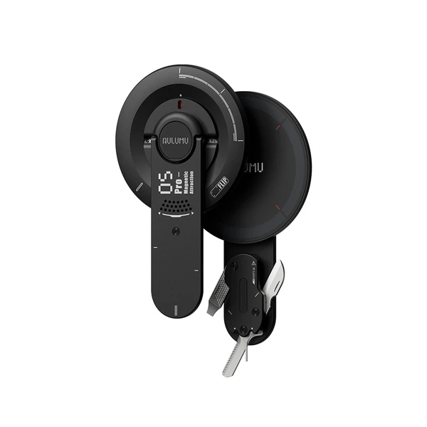 Aulumu black magnetic phone stand with integrated multi-tool pocket knife on white background