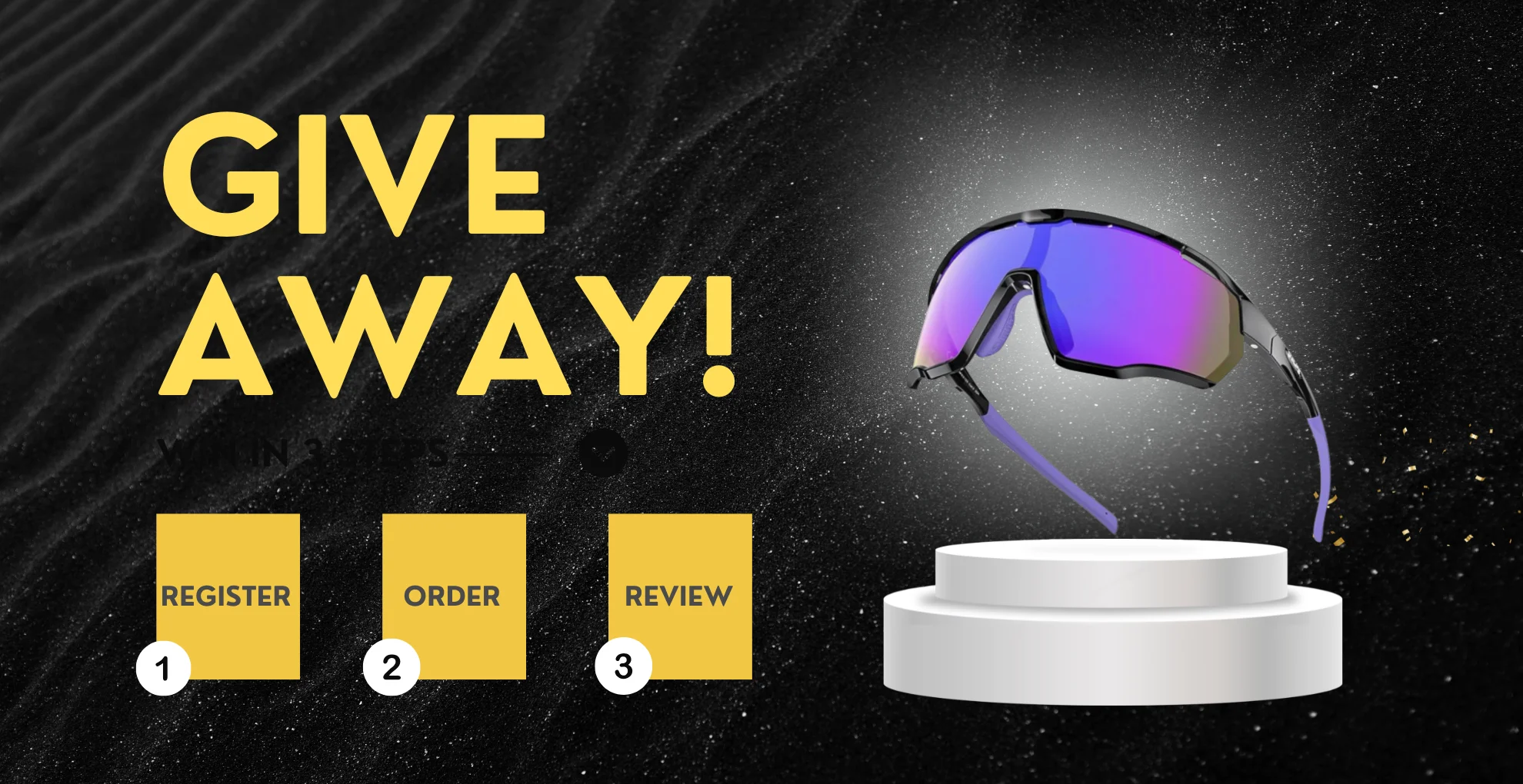 Giveaway of purple mirrored sports sunglasses. Instructions: Register, Order, Review.