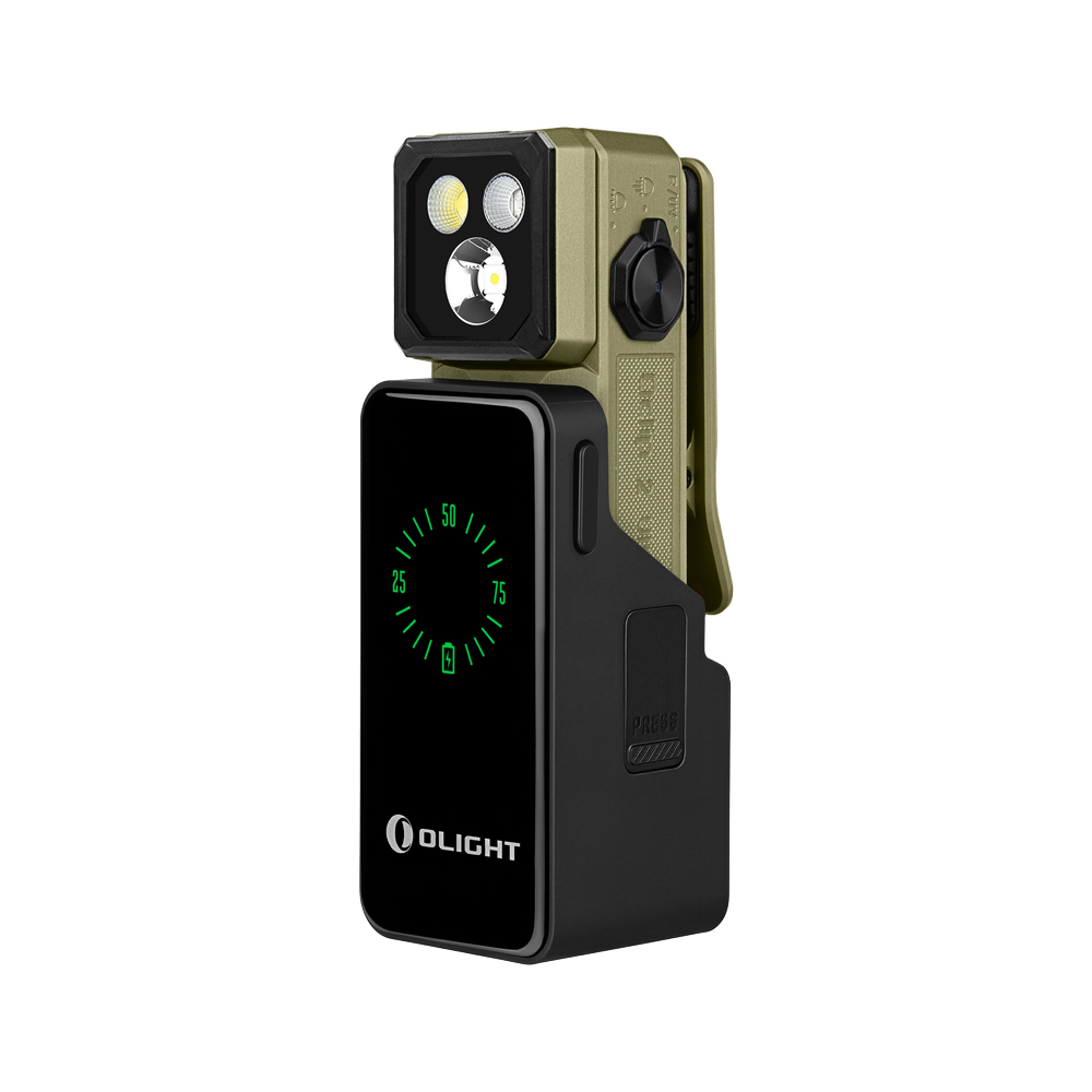 Olight green clip-on flashlight with black charging dock and digital battery indicator isolated on white background