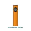 Olight orange flat EDC flashlight with selector dial and UV light mode on white background
