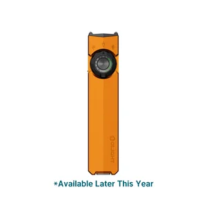 Olight orange flat EDC flashlight with selector dial and UV light mode on white background
