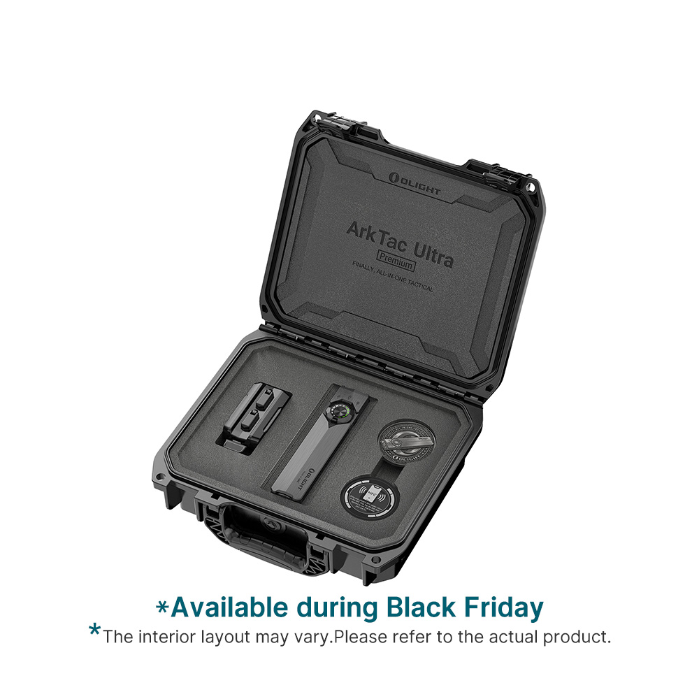 Olight ArkTac Ultra Premium tactical flashlight kit in a heavy-duty protective hard case with custom foam inserts