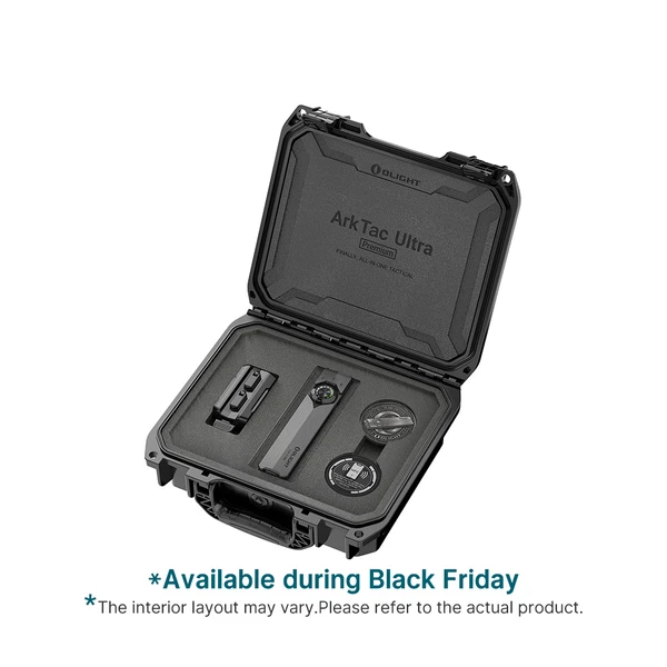 Olight ArkTac Ultra Premium tactical flashlight kit in a heavy-duty protective hard case with custom foam inserts