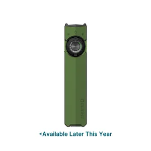 Green Olight flat EDC flashlight with rotating selector dial and UV light indicator on white background