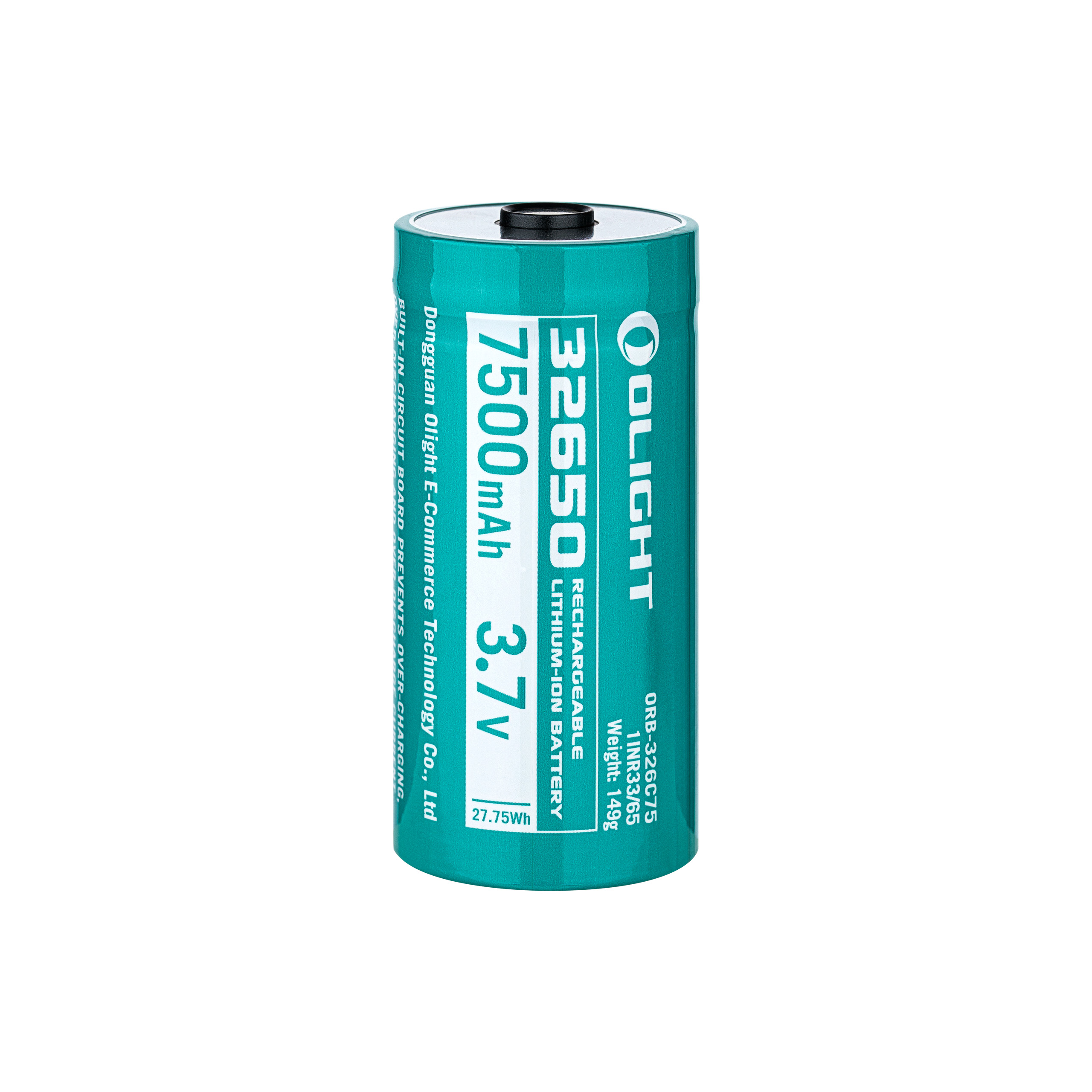Olight 32650 7500mAh 3.7V rechargeable lithium-ion battery isolated on white background