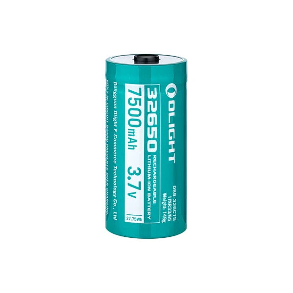 OLIGHT 32650 lithium-ion battery, 7500mAh, 3.7V, rechargeable with over-charge protection.