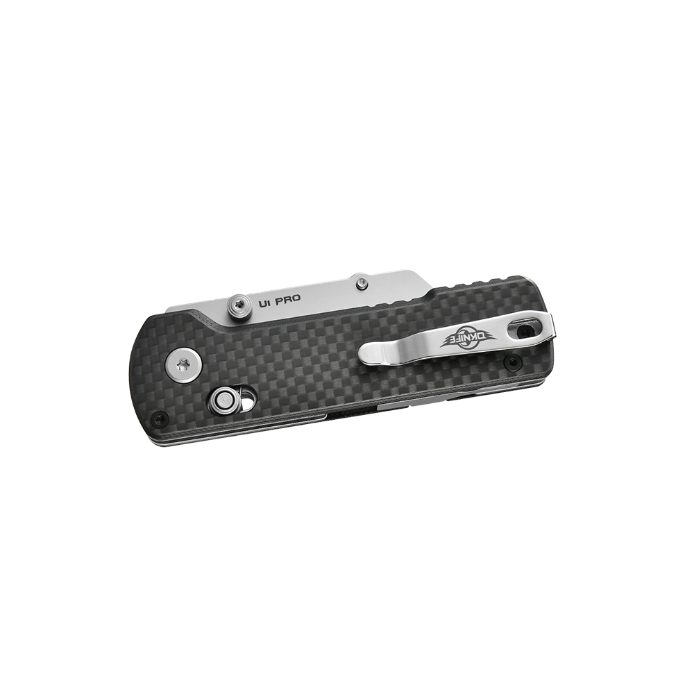 Olight Black U1 Pro Knife Side View with Carbon Fiber Handle and Pocket Clip for Everyday Carry