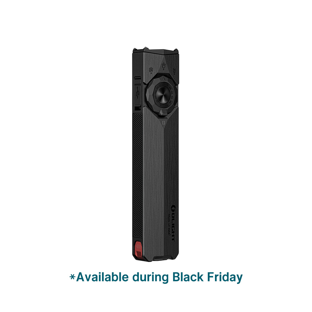 Olight sleek black flat EDC flashlight with selector dial on white background, Black Friday sale text below.