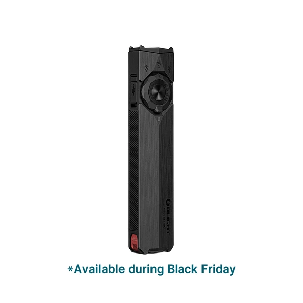 Olight sleek black flat EDC flashlight with selector dial on white background, Black Friday sale text below.