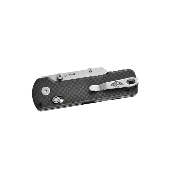 Olight U1 Pro black carbon fiber folding knife with silver pocket clip, closed for EDC.