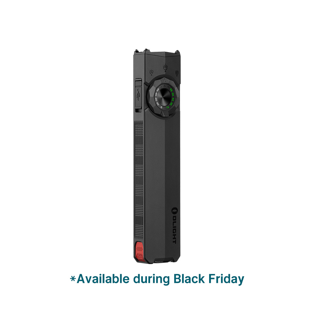 Olight black flat EDC flashlight with selector dial and USB charging port isolated on white background