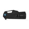 Closed black folding pocket knife with textured handle, blue pivot screw, and pocket clip isolated on white background