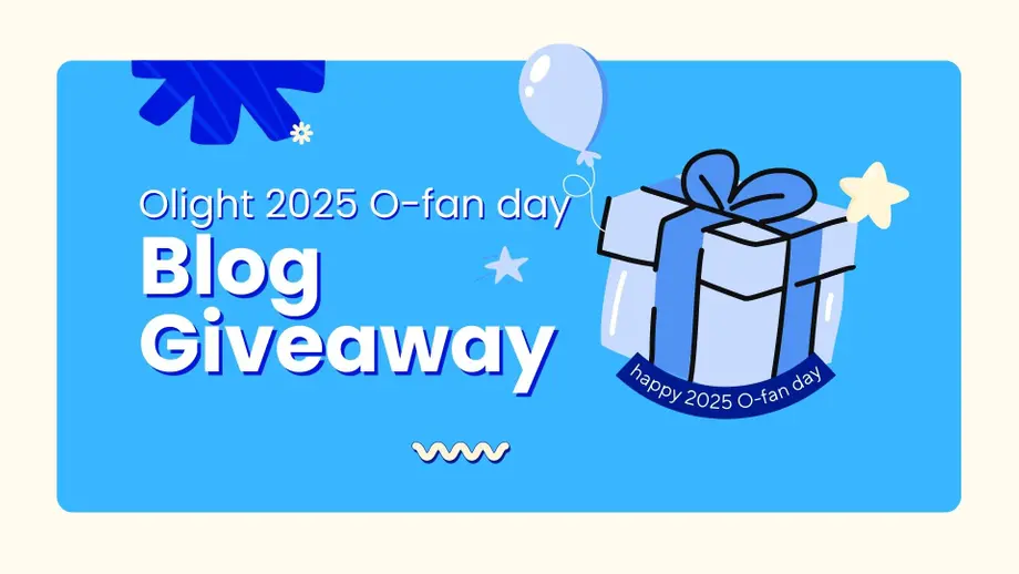 Olight 2025 O-fan day Blog Giveaway. Gift box, balloon, stars on blue background.