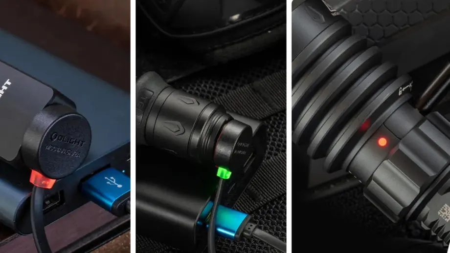 Three close-up images of flashlights with charging cables, showing red and green LED indicators.
