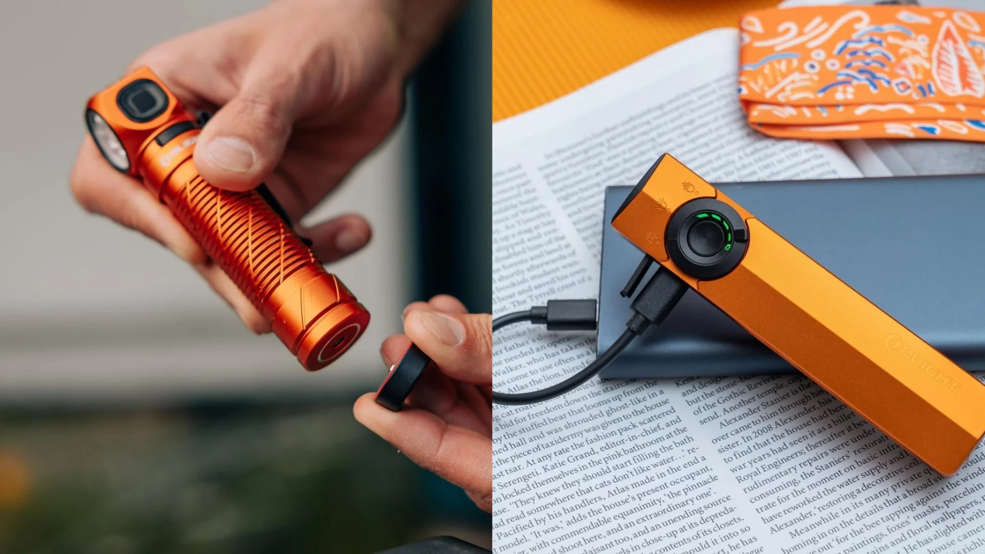 Hand holding an orange Olight cylindrical EDC flashlight, and an orange Olight flat EDC light charging on a book.