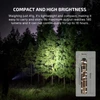 Lightweight 13T EOS flashlight with 180 lumens lighting a dark forest; compact 15x89mm size shown.