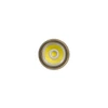 Top-down view of a round LED flashlight lens featuring a bright yellow emitter bulb surrounded by a ribbed bronze bezel