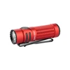 Olight red compact LED tactical flashlight with pocket clip, textured grip, and side switch on a white background