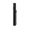 Side profile of a slim black EDC flat flashlight with textured grip and metal pocket clip on a white background