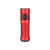 Compact red tactical flashlight with textured grip and side switch button on white background