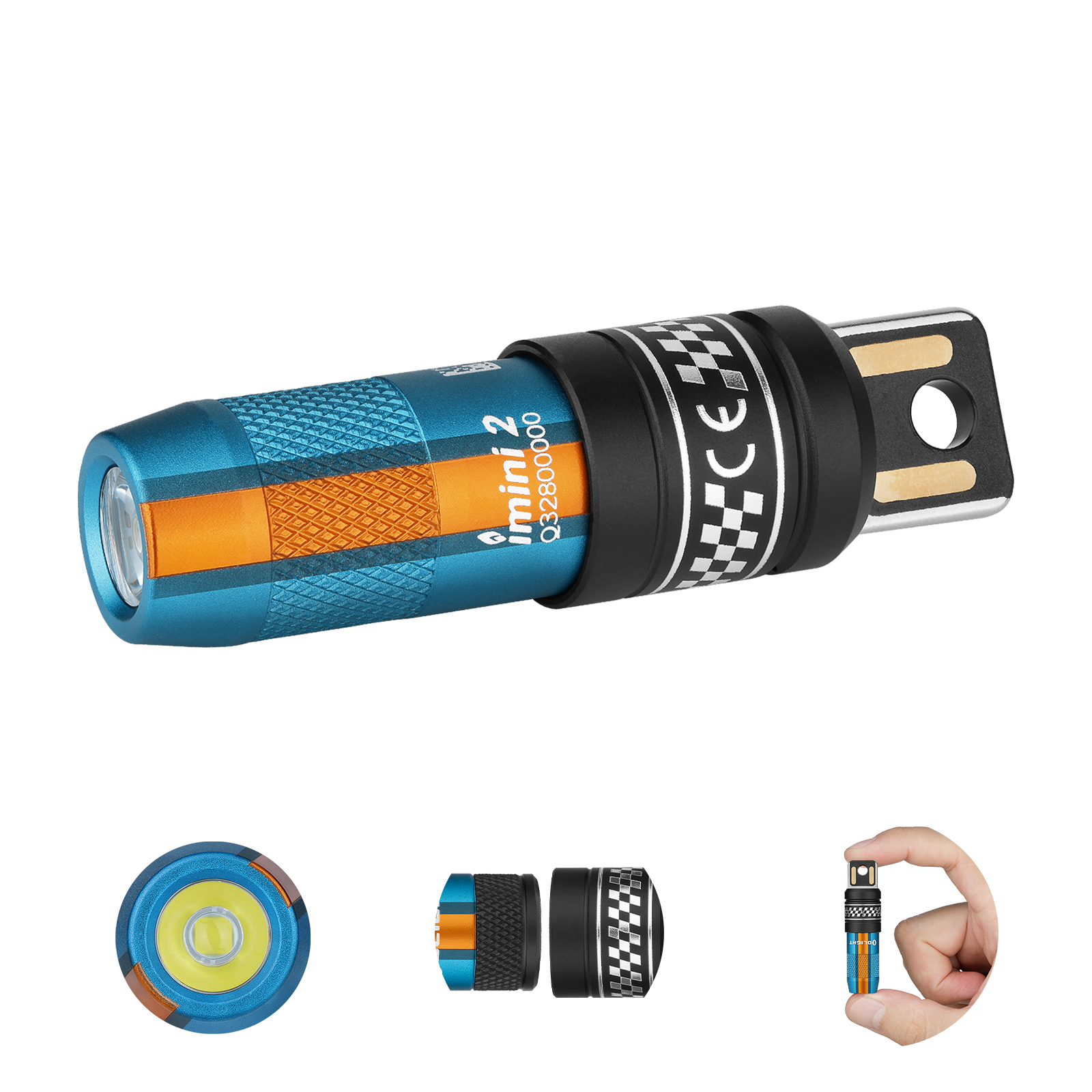 Olight imini 2 tiny rechargeable keychain flashlight in blue and orange with USB plug and finger size comparison