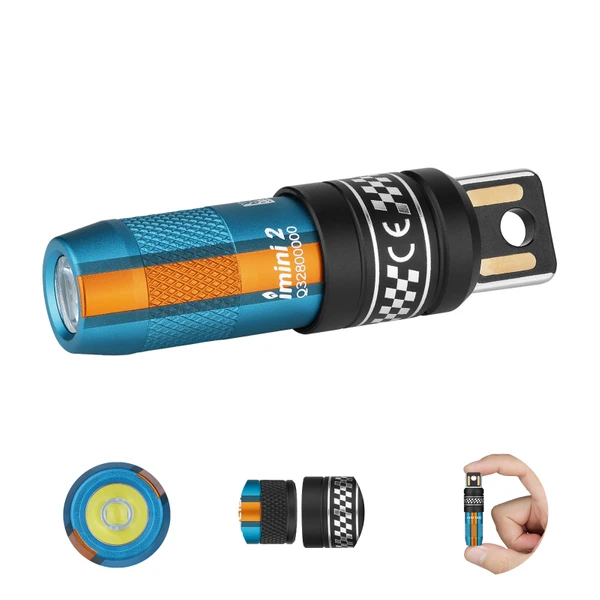 Olight imini 2 tiny rechargeable keychain flashlight in blue and orange with USB plug and finger size comparison