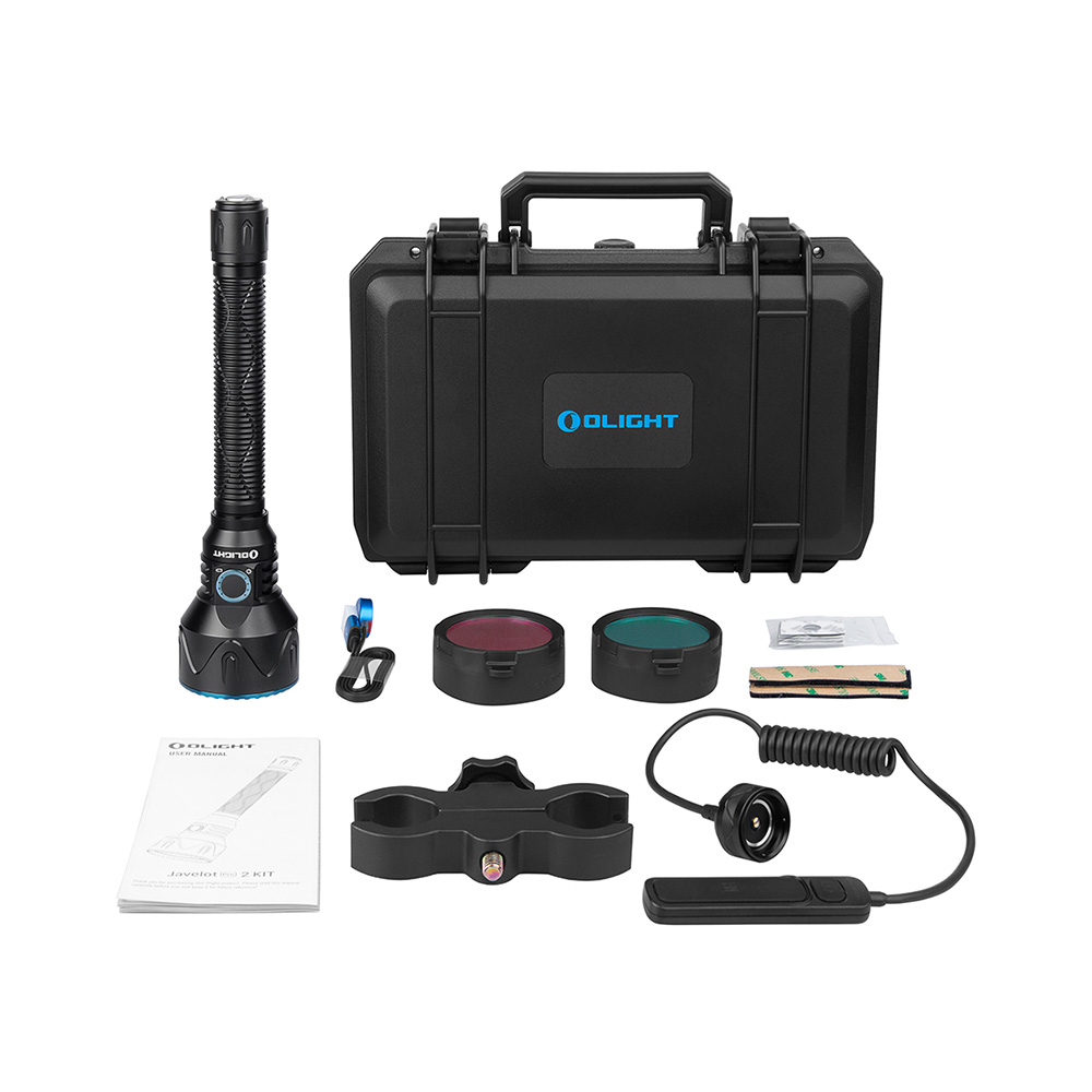 Olight Javelot Pro 2 kit with flashlight, hard carrying case, filters, remote switch, mount, and user manual on white background