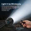 Wireless remote controlling a flashlight up to 8 meters away for quick access; maximum brightness with momentary or constant on.