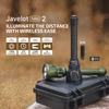 Javelot Turbo 2 flashlights, remote control, and carry case in a field, highlighting powerful illumination and wireless ease.