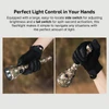 Olight Camouflage Javelot Turbo 2 Flashlight held by gloved hands with side and tail switches, for tactical use.