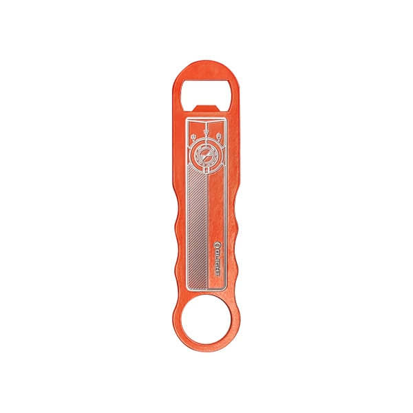 Orange bottle opener with silver Olight logo and intricate design, isolated on white background