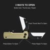 Diagram showing three ways to open folding utility knife via button lock, thumb stud, and flipper tab.