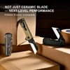 Three OKNIFE U1 Ultra ceramic blade folding utility knives displayed on cardboard boxes in various open and closed positions