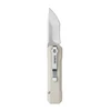 Oknife OTF pocket knife with a sand-colored handle, stainless steel clip, and sharp blade on a white background