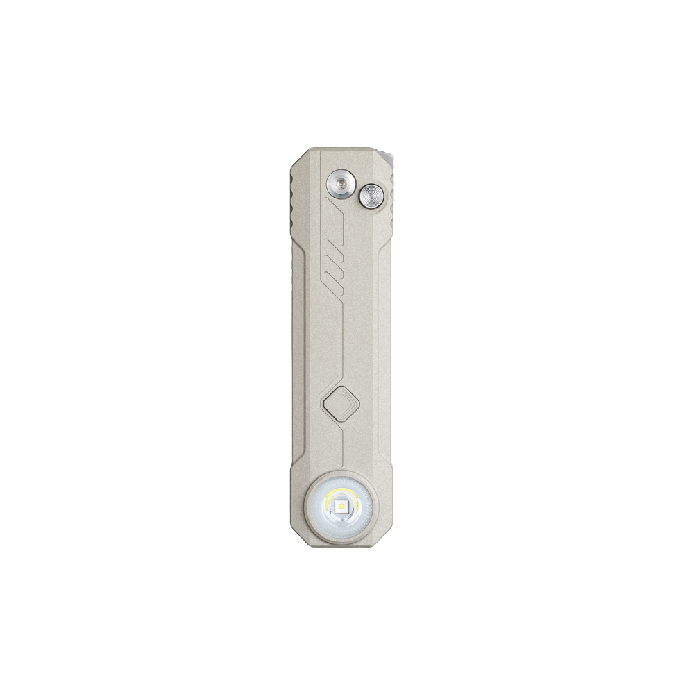 Sleek metallic sand EDC flat flashlight with textured grip and power button isolated on white background