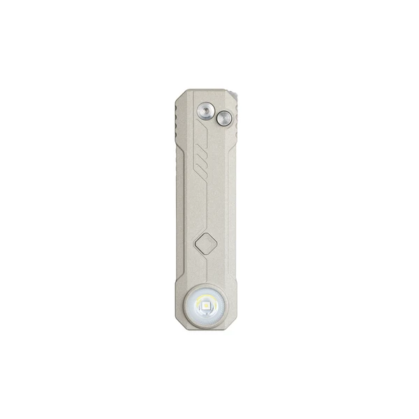 Sleek metallic sand EDC flat flashlight with textured grip and power button isolated on white background