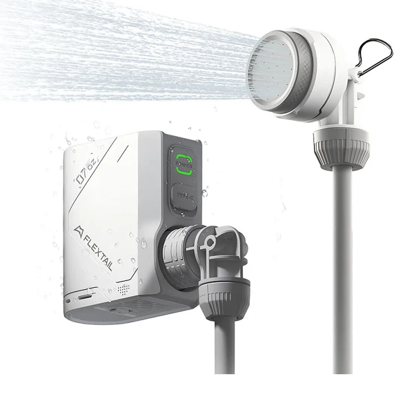 Flextail portable camp shower pump and spraying shower head on white background