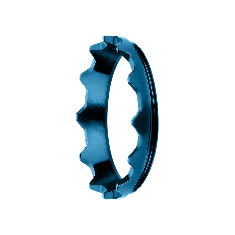 Blue metal bike sprocket ring, precision-machined, for bicycle drivetrain components