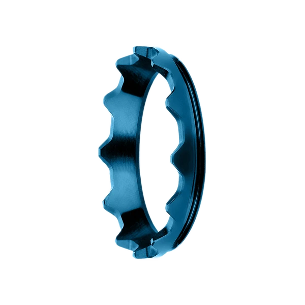 Blue metal bike sprocket ring, precision-machined, for bicycle drivetrain components